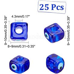 手作りのナザールボンジュウのランプワークヨーロッパのビーズ  大穴ビーズ  キューブ  ブルー  8~9x9~10x9~10mm  25個/箱&nbsp;LAMP-NB0001-70A