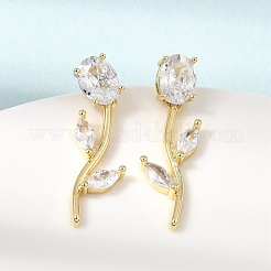 真鍮製マイクロパヴェキュービックジルコニアスタッドピアス  花バラ  鉛フリー＆カドミウムフリー  ラックめっき  長持ちメッキ  18KGP本金メッキ  透明  30x11mm&nbsp;KK-CBA8324-20G-05