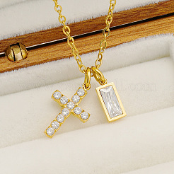 304 Stainless Steel Pave Cubic Zirconia April Birth Stone Religion Cross and Rectangle Pendant Necklaces&nbsp;WG51992-02