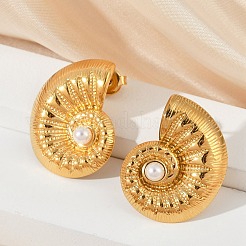 304ステンレススチールシェルパールスタッドピアス  イオンプレーティング（ip）  シェル形状  14KGP本金メッキ  26x19.5mm&nbsp;X-EJEW-G423-22G