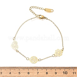 女性用304ステンレススチールリンクブレスレット  ハート＆フラットラウンド＆フラワーイオンプレーティング（IP）  ゴールドカラー  6-7/8インチ（17.4cm）&nbsp;BJEW-Z087-05G