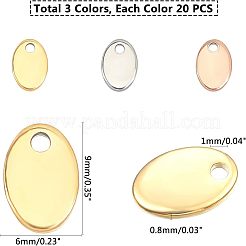 PVD真空メッキ304ステンレススチールチャーム  空白タグのスタンプ  オーバル  ミックスカラー  9x6x0.8mm  穴：1mm  3色  20個/カラー  60個/箱&nbsp;STAS-UN0004-62