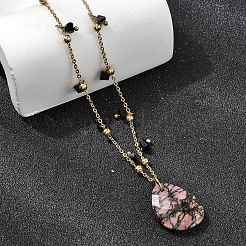 Natural Rhodonite Teardrop Pendant 304 Stainless Steel Satellite Chain Necklaces with Glass Beads&nbsp;NJEW-K255-57G