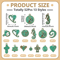 52pcs13スタイルチベットスタイルアロイペンダント  アンティークブロンズ＆グリーングリーン  混合図形  10~25x7~20mm  4個/スタイル&nbsp;FIND-TA0010-81