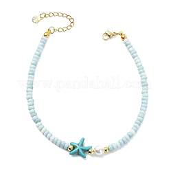 Ocean Dyed Synthetic Turquoise Starfish & Rondelle Glass Beaded Anklets for Women&nbsp;AJEW-AN00806