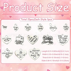 15pcs15スタイルチベットスタイルアロイペンダント  ミックスハート型チャーム  アンティークシルバー  8~21x9~21x1~4mm  穴：1.5~2.5mm  1個/スタイル&nbsp;FIND-YW0011-88