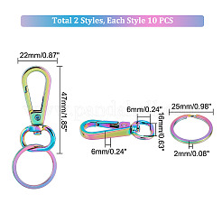 レインボーカラーの亜鉛合金キーホルダー留め具10個  イオンプレーティング(IP) 304ステンレススチール製スプリットキーリング10個付き  留め金：47x22x6mm  穴：16x6mm  内径：10mm  キーリング：25x2mm&nbsp;FIND-PH0006-45