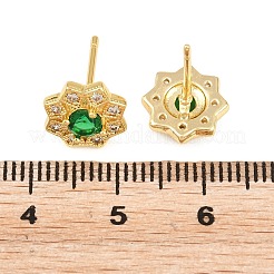 真鍮製 マイクロパヴェ キュービックジルコニア スタッドピアス 女性用  花  カドミウムフリー＆鉛フリー  長持ちメッキ  ラックめっき  18KGP本金メッキ  グリーン  9.5x10.5mm&nbsp;KK-A305-03G-06