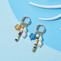 ナチュラルパール＆ガラスビーズダングルフープピアス  フラワーミルフィオリガラスビーズドロップピアス女性用  ゴールドカラー  カラフル  40mm  ピン：0.9mm&nbsp;EJEW-TA00036
