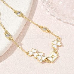 真鍮パヴェクリアキュービックジルコニアクローバーエンベロープリンクブレスレット  白いエナメル  長持ちメッキ  ラックめっき  鉛フリー＆カドミウムフリー  18KGP本金メッキ  6.50インチ（16.5cm）&nbsp;KK-CBA6980-18G