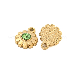 304ステンレスペンダント  ラインストーン付き  花のチャーム  14KGP本金メッキ  ペリドット  11x9x3mm  穴：1.5mm&nbsp;STAS-L080-003G-03