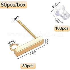 長方形のステンレススチールスタッドピアス金具80個  カン付き  100個のシリコンイヤーナット  ゴールドカラー  10x2x2mm  穴：1.5mm  ピン：0.8mm  180個/箱&nbsp;STAS-BC0003-09