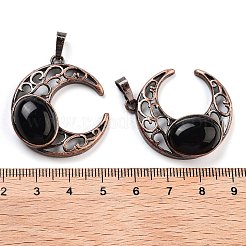 天然石オブシディアンペンダント  赤銅めっき真鍮のパーツ  ムーン  34x30x9~9.5mm  穴：5x8mm&nbsp;G-L602-01R-21