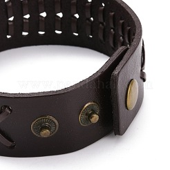 男性用ヴィンテージ牛革レザー編組コードブレスレット  鉄と合金のスナップボタンが付いた中空のワイドバンドブレスレット  アンティーク黄金  ブラウン  9-1/4インチ（23.5cm）&nbsp;BJEW-A039-02B