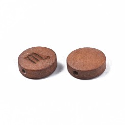 レーザー彫刻された木製ビーズ  星座12個のフラットラウンド  染め  キャメル  蠍座  12x4mm  穴：1.6mm&nbsp;WOOD-S053-53A