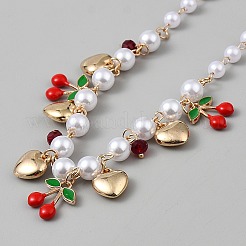 ABS Imitation Pearl Round Beaded Alloy Heart Red Cherry Bib Necklaces for Women&nbsp;NJEW-WH0023-76