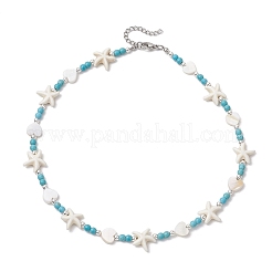 Summer Beach Round Synthetic Turquoise & Natural Freshwater Shell Heart Starfish Beaded Necklaces&nbsp;NJEW-JN05209