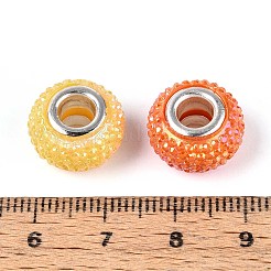 大きな穴の樹脂ラインストーンヨーロピアンビーズ  プラチナ真鍮二重コアを持つ  ロンデル  ミックスカラー  14x9mm  穴：5mm&nbsp;OPDL-T003-01A