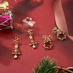 2 Pairs 2 Styles Bowknot with Wreath & Christmas Tree Alloy GLass Dangle Stud Earrings&nbsp;EJEW-TA00699