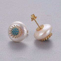 天然パールのスタッドピアス  真鍮マイクロパヴェキュービックジルコニアのパーツ  花付きフラットラウンド  長持ちメッキ  耳ナッツ  ゴールドカラー  ディープスカイブルー  14~14.5mm  ピン：0.8mm&nbsp;EJEW-L231-23D