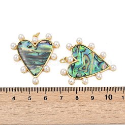 真鍮パヴェ天然パウア貝ペンダント  ABSプラスチックパール付きハートチャーム  18KGP本金メッキ  カドミウムフリー＆鉛フリー  持続的なメッキ  ラックめっき  35x32.5x5mm  穴：3.5mm&nbsp;KK-U058-25G-01