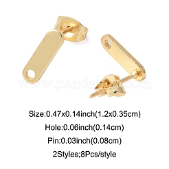 16個 2色 201ステンレススチールスタッドピアス金具 穴付き  304ステンレス鋼のピンとイヤーナット  長方形  24KGP本金メッキ＆ステンレススチールカラー  12x3.5mm  穴：1.4mm  ピン：0.8mm  8個/カラー&nbsp;EJEW-FS0001-18