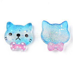 樹脂カボション  キラキラのスパンコール付き  猫  ディープスカイブルー  20x19x6mm&nbsp;LS-CRES-N024-17