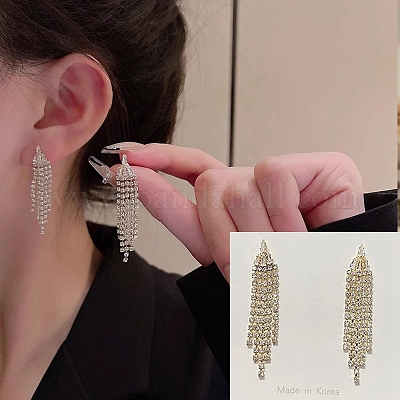 女性用合金ラインストーンダングルスタッドピアス タッセル