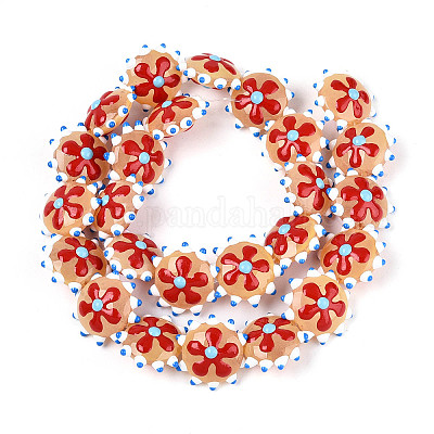 手作りランプワークビーズ  花付き凸凹したフラットラウンド  砂茶色  18.5~20x10~11mm  穴：1mm&nbsp;LAMP-T023-25E-1