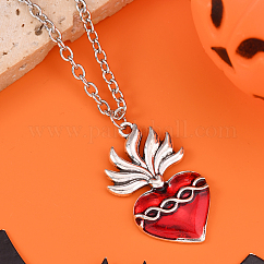 Halloween Alloy Dark Red Enamel Pendant Necklaces for Men Women Kids, Antique Silver, Heart, 16.93 inch(43cm)