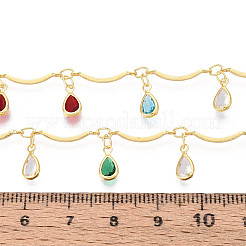 真鍮スカラップバーチェーン  キュービックジルコニアのティアドロップチャーム付き  ハンダ付け  スプールで  ゴールドカラー  15.5x1.8mm  約16.40フィート（5m）/ロール&nbsp;CHC-T018-02G