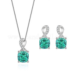 Square Rhodium Plated 925 Sterling Silver Pave Cubic Zirconia Pendant Necklaces & Stud Earrings Sets for Women&nbsp;WG8F2D6-02