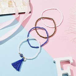 4Pcs 4 Style Glass Seed & Resin Evil Eye Beaded Stretch Bracelets Set&nbsp;BJEW-JB09896-01