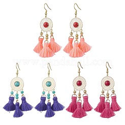Flat Round 304 Stainless Steel Polycotton Tassel Chandelier Earrings&nbsp;EJEW-JE06452