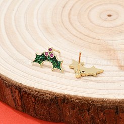Holly Leaf Brass Micro Pave Cubic Zirconia Stud Earrings&nbsp;EJEW-B149-02G
