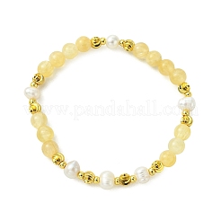 Round Natural Golden Silk Jade & Cultured Freshwater Pearl & Brass Beaded Stretch Bracelets for Women&nbsp;BJEW-JB14060-02