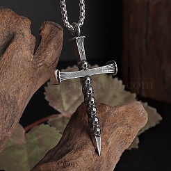 ハロウィン用合金製スカルクロスペンダントネックレス（男性用）  アンティークシルバー  23.62インチ（60cm）&nbsp;WG7ADC0-01
