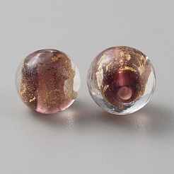 手作りゴールドパウダー入りランプワークビーズ  ラウンド  パープル  9~10x9.5mm  穴：1.6mm&nbsp;LAMP-WH0011-03B-04
