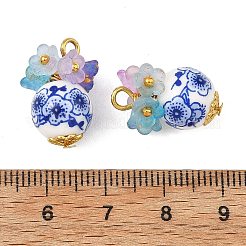 プリントされた手作りの磁器ビーズペンダント  アクリルと真鍮を使用  花のチャームが付いた円形  ゴールドカラー  ブルー  19x12x10mm  穴：2.5mm  約50個/袋&nbsp;PALLOY-JF05907-02