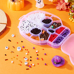 DIY 15 スタイル ハロウィーン ガラス & 樹脂 & ポリマー クレイ ビーズ ジュエリー メイキング ファインディング キット  チューブ＆ライス＆丸＆フラットラウンド＆カボチャ＆ドクロ＆ゴースト  ミックスカラー  6.5x7.5x2x1.5mm  穴：0.7mm&nbsp;DIY-TAC0027-04