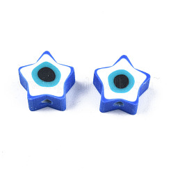 手作り樹脂粘土ビーズ  ナザールボンジュウ付きスター  ブルー  9x9x3.5~4.5mm  穴：1.4mm&nbsp;CLAY-T019-09D