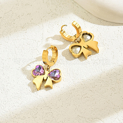ファッショナブルな201ステンレススチールの蝶結びフープピアス  ガラスと  ゴールドカラー  30x20mm&nbsp;AO5773-2