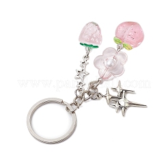 透明樹脂アクリルパーツキーホルダー  鉄キーリング付き  イチゴと花と桃  アンティークシルバー＆プラチナ  9.5cm&nbsp;KEYC-JKC00841