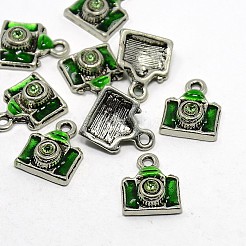 カメラアンティークシルバートーン合金エナメルのチャーム  ラインストーン付き  グリーン  15x12x6mm  穴：1.5mm&nbsp;ENAM-N038-09C