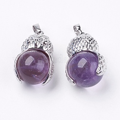 天然石アメジストペンダント  真鍮パーツ  フクロウ  プラチナ  カドミウムフリー＆鉛フリー  31x18.5~19x16mm  穴：4~5x8mm&nbsp;G-F228-03N-RS