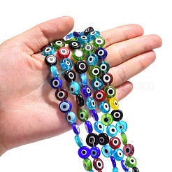 手作りナザールボンジュウランプワークフラットラウンドビーズ連売り  ミックスカラー  10x4mm  穴：1mm  約38個/連  14.96インチ&nbsp;LAMP-L058-10mm-M