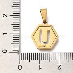 304ステンレススチールチャーム  18KGP本金メッキ  レターチャーム付き六角形  U字  15x14x1.5mm  穴：3x5.5mm&nbsp;STAS-H227-01G-U