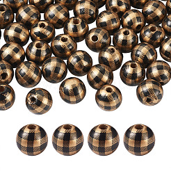 天然木製ビーズ  チェック柄ビーズ  タータン模様  ラウンド  ゴールド  5/8インチ（16mm）  穴：4mm&nbsp;LS-WOOD-TAC0010-05I
