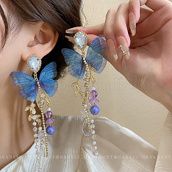 Butterfly Alloy Rhinestone Tassel Stud Earrings&nbsp;FS-WGD4B48-01