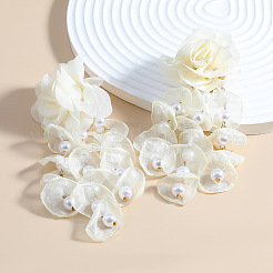 Flower Lace Cloth & Plastic Pearl Dangle Stud Earrings&nbsp;FS-WG0B8CF-04